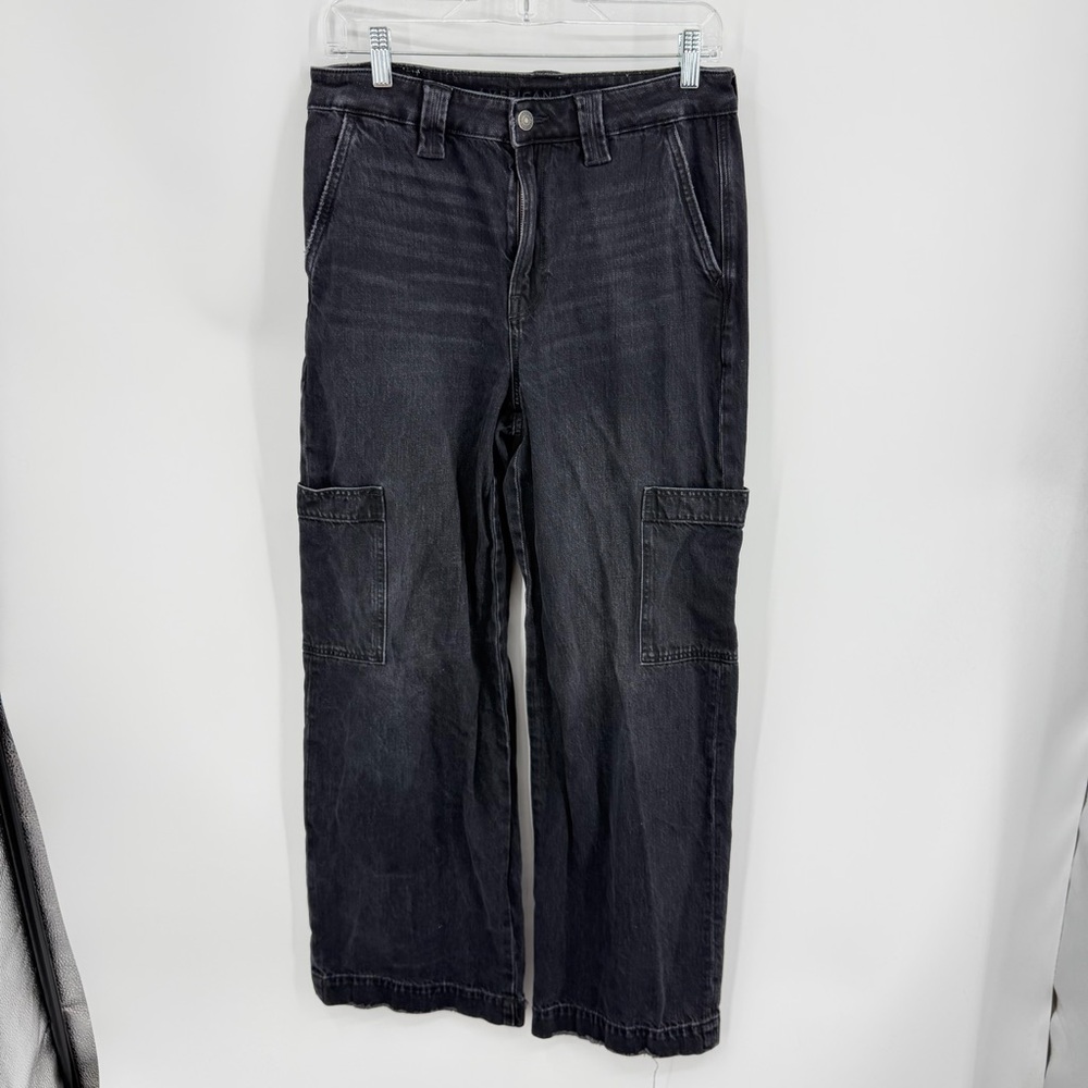 American Eagle Jeans sz 6 short Black Super High Rise Baggy Wide Leg Cargo Denim